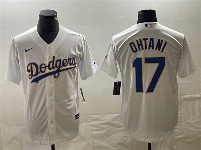 Men's Los Angeles Dodgers #17 Shohei Ohtani White/Gold Cool Base With Patch Stitched Baseball Jersey Men's Los Angeles Dodgers #17 Shohei Ohtani White/Gold Cool Base With Patch Stitched Baseball Jersey